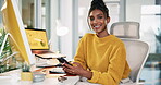 Office, businesswoman and face with smile for smartphone, online chat and checking email. Workplace, female person and market research analyst in portrait with mobile, application and startup website