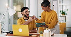 Fist bump, business people and success in office on computer for goal, target and creative teamwork. Hands together, laptop and happy worker celebrate design approval, yes or thank you in startup