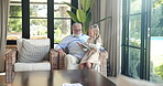 Grandpa, girl child and tablet in home for learning game, relax and search web in living room. Senior man, kid and touchscreen on app, scroll and choice for movie, cartoon and film in family house