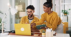 Tablet, laptop and business people in office with planning for creative project with collaboration. Team, technology and magazine editors with feedback, advice or review for publishing in workplace.