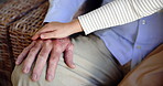 Senior, hands and touch with empathy for generation, trust or love and care at old age home. Closeup, elderly and sympathy with youth for support, assisted living or appreciation in retirement house