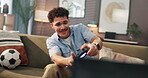 Gaming, pov and race with man at home for controller, winner and cyber simulation. Esports gamer, streaming and achievement with person and television in living room for video gamer and challenge