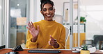 Happy woman, face and video call with wave for presentation or webinar at office desk. Portrait, female person or creative employee with smile for online communication or discussion at workplace