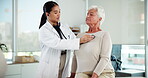 Doctor, stethoscope and senior woman with breathing for medical assessment, healthcare evaluation or chest exam. Cardiology, old patient and tool for heartbeat monitor, clinic checkup or consultation
