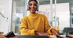 Happy, face and woman with headphones, video call and writing notes for feedback, project and listening. Creativity, songwriter and person with smile for virtual meeting, music production and digital