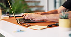 Person, hands and typing with laptop for journalism, copywriting or research at office desk. Closeup, business employee or journalist with computer for report, email or online article at workplace