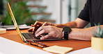 Business person, hands and typing with laptop for journalism, copywriting or research at office desk. Closeup, employee or journalist with computer for report, email or online article at workplace