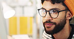Man, web designer and glasses with computer for software development, coding or online update. Male person, creative employee or programmer with technology for research, new app or design at office