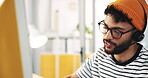 Call center, businessman and computer with headset for talking, crm questions and customer service. Office, male person and consultant at help desk for support, discussion and faq feedback with smile