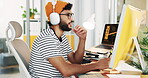 Office, businessman and computer with communication for video call, online training and creative agency. Notes, male designer and smile with headphones for listening, discussion and virtual meeting