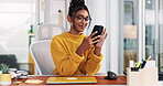 Office, businesswoman and scroll with mobile for chat, online communication and typing on app. Glasses, female person and designer on break with smartphone, text message and reading on social media