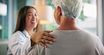 Healthcare, doctor and old woman with support, consultation and conversation with smile. Mature patient, medical advice and professional in office, recovery or appointment with checkup for treatment