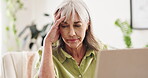 Thinking, stress and woman with laptop, office and rejection from publishing agency and disappointed. Contemplating, writer and mature person with sadness for bad news, unhappy and failed novel