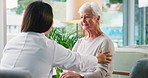 Healthcare, doctor and old woman in office, smile and support with recovery, healing or cure. Pensioner, medical advice or senior person with professional, treatment or conversation with consultation