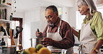 Cooking, aroma and pot with old couple in kitchen for food recipe, nutrition and healthy diet. Meal prep, dinner and retirement with senior people and stir at home for help, bonding or hunger