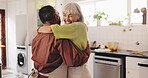 Dance, hug and love with old couple in kitchen of home together for bonding, cooking or laughing. Apron, connection or retirement with senior man and woman in apartment for commitment or marriage