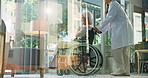 Elderly woman, doctor or patient with wheelchair for healthcare or assisted living at clinic. Female people, medical worker or walking senior person with a disability for mobility or assistance