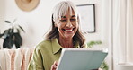 Creative, smile and tablet with designer woman in office for good news, research or update. Business, planning and project management with happy mature employee in workplace for feedback or review