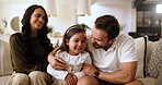 Sofa, face and parents with child for hug, bonding together and family relationship in living room. Home, mother and father with girl in portrait, connection and love embrace with happiness in lounge