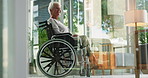 Thinking, smile and senior woman on wheelchair with hope for recovery, rehabilitation or nostalgia. Thoughts, elderly or person with disability in nursing home for memory, remember past or retirement