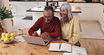 Senior, happy couple and home with laptop or documents for finance, expenses or bills together. Elderly man, woman or lovers with smile on computer for retirement plan or pension funding at house