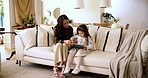 Home, reading and mom with child for tablet, support and education story for cognitive development. Couch, talk and mother with girl for digital ebook, learning website and bonding together in house