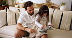 Home, game and father with child for tablet, support and education app for cognitive development. Couch, relax and dad with girl for digital streaming, learning website and bonding together in house