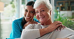 Nurse, smile and face of old woman on sofa for retirement, rehabilitation and occupational therapist. Healthcare, hug and support with people in nursing home for caregiver, elderly care and help