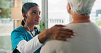 Stethoscope, listen and nurse with senior woman for medical service, consulting and diagnosis. Healthcare, retirement and caregiver with elderly person for cardiology, checkup and medicare in home