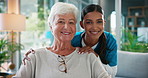 Nurse, happy and face of old woman on sofa for retirement, rehabilitation and occupational therapist. Healthcare, smile and support with people in nursing home for caregiver, elderly care and help
