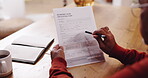 Planning, reading and will with man in living room of home for legal documents or paperwork from above. Money, pen and security with senior person in apartment for review of inheritance contract