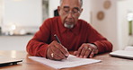 Senior man, writing and form with legal agreement for will, title deed or inheritance at home. Elderly, male person or filling in paperwork for pension contract, letter or retirement application