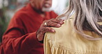 Old couple, hands and comfort with empathy in home for grief, loss and support in retirement. Closeup, elderly people and shoulder for sympathy, compassion and kindness with bonding, healing and love