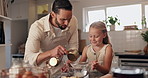 Home, smile and father with girl, baking and bonding together with ingredients, help and teaching. Parent, family and dad with daughter, flour and learning with growth or child development in kitchen