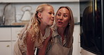 Baking, oven and mom with child waiting for learning to make biscuits, dessert and pastry. Family, kitchen and mother with girl with homemade treats, muffins or cookies for bonding, help and excited