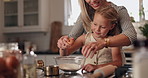 Home, hands and mother with girl, baking and bonding together with recipe, help or teaching. Parent, family or mama with daughter, cooking and ingredients with support or child development in kitchen