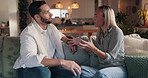 Angry, fight and couple with argument on sofa for toxic relationship, cheating blame or frustrated with betrayal. Affair, people and disagreement in home for break up, disappointment or marriage fail