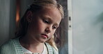 Depression, thinking and window with child at home for mental health, youth crisis and adoption fail. Mistake, foster care  trauma and abandon fear with young girl at house for sad and reflection