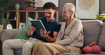 Tablet, medical and caregiver with senior woman in nursing home for healthcare consultation. Digital technology, discussion and male person with elderly patient for explaining treatment plan in house
