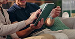 Hands, nurse and senior patient with tablet on sofa for memory game, test and happy for results. Caregiver, people and digital touchscreen on app with exercise for cognitive stimulation in house