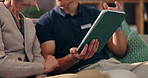 Hands, nurse and senior person with tablet on sofa with medical report, results and explain in home. Caregiver, patient and digital touchscreen on app with healthcare review in retirement at house