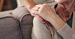 Holding hands, love and man with mother on sofa for empathy, support or trust together. Comfort, compassion and male person with mom for connection, help or advice on grief at retirement home.