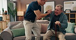 Caregiver, old man and helping hand with cane for walking, assisted living facility or nursing home for wellness. Senior care, health and elderly person with healthcare worker for mobility or support