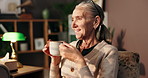 Relax, thinking and coffee with old woman on sofa for peace, reflection and caffeine beverage. Happy, calm and memory with senior person and mug in living room at home for tea, aroma and comfortable