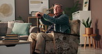 Home, thinking and old man with walking stick, memory and grief with retirement, loss and anxiety. Apartment, pensioner and elderly person on sofa, cane and mental health with nostalgia or depression