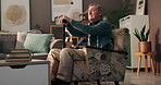 Home, thinking and old man with walking stick, grief and memory with retirement, depression and anxiety. Apartment, pensioner and elderly person on sofa, cane and mental health with nostalgia or loss