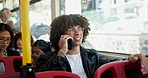 Phone call, bus and man with smile, travel and communication with morning commute. Passenger, happy person and traveller with smartphone, public transportation and discussion with mobile user or app