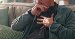 Home, old man and hands with cough for chest pain, cardiac symptoms and heart attack signs in retirement. Sofa, senior person and discomfort with respiratory illness, viral infection and tuberculosis