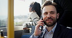 Phone call, bus and man with smile, business and communication with network, app and lawyer. Attorney, happy person and traveller with cellphone, morning commute or discussion with passengers or talk