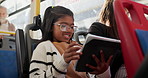 Tablet, relax and child playing game on bus for travel, journey or commuting in city. Digital technology, bonding and girl kid on public transportation reading ebook for knowledge, learning or story.
